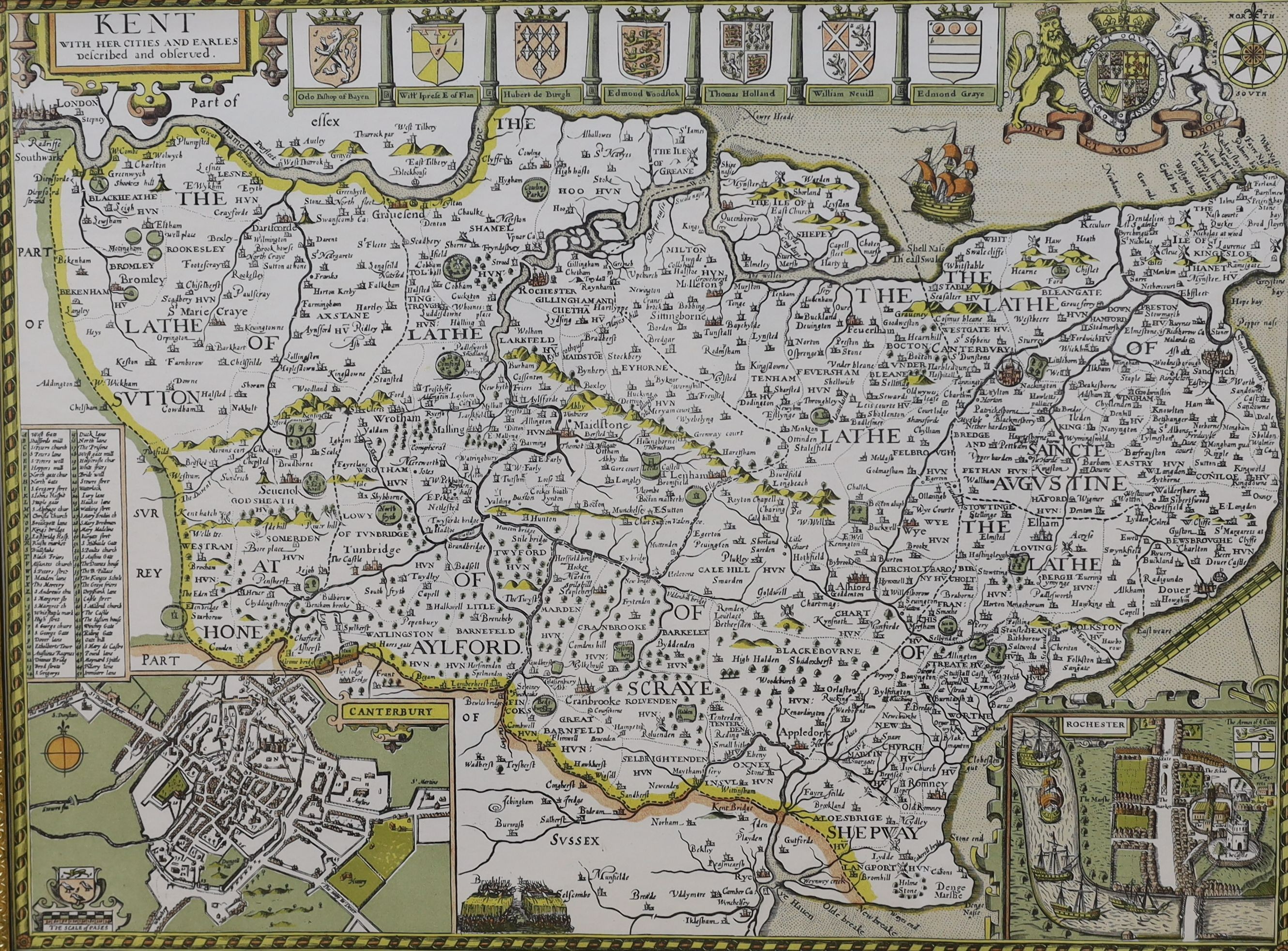 Emmanuel Bowen, coloured engraving, Accurate map of the County of Kent, 53 x 71cm and a Kip coloured engraving of Sundridge Place and a reprinted map of Kent